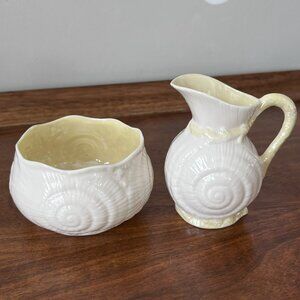 Vintage Belleek Seashell Nautilus Lustre Creamer & Sugar Bowl Green Mark Ireland